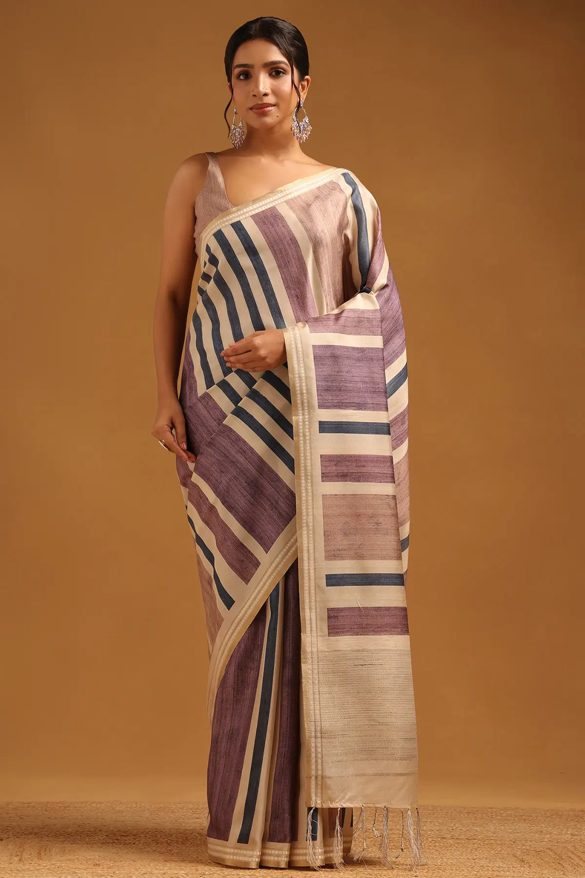 Beige Tussar Striped Saree